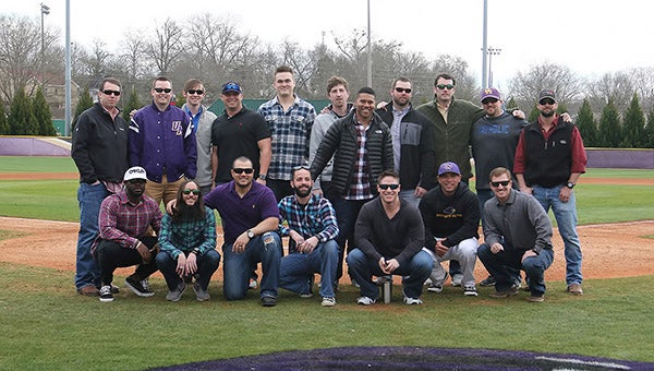 Members of the 2006 UM Baseball team, one of two entire teams inducted into the 2016 UM Hall of Fame, at the Falcons baseball game on Saturday afternoon prior to the ceremony. (Contributed)