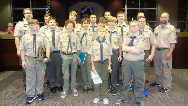 Boy Scout Troop No. 354 gather at the Chelsea City Council meeting Feb. 2. Members of the troop attended the pre-council and council meeting to earn the Citizenship and Community Badge. (Reporter Photo/Emily Sparacino)
