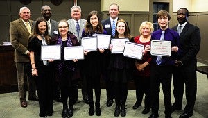 Thompson High School Theatre Department students receive recognition during a Feb. 8 Alabaster School Board meeting. (Reporter Photo/Neal Wagner)