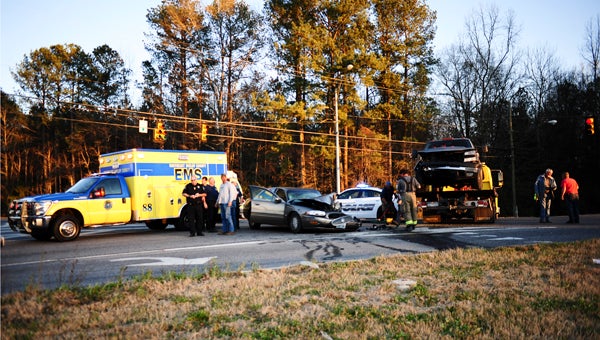 A two-vehicle crash at the intersection of Chelsea Road and Alabama 25 in Columbiana on Feb. 12 left one person injured. (Reporter Photo/Emily Sparacino)