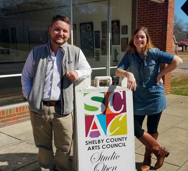 YPA board members Jon Harrison and Meagan Mims stand in front of Shelby County Arts Council. (Contributed)