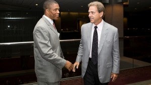 Current Alabama head football coach Nick Saban talks to Jeremiah Castille. (Contributed)