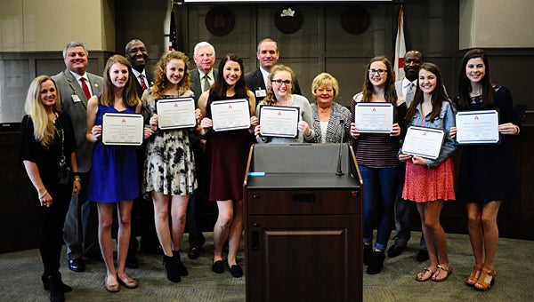 Thompson High School majorettes receive recognition from the Alabaster School Board during a March 14 meeting. (Reporter Photo/Neal Wagner)