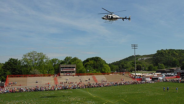 Thousands of visitors pack Alabaster’s Larry Simmons Stadium during the 2012 Easter egg drop. This year’s event will be at Veterans Park off Alabama 119. (File)