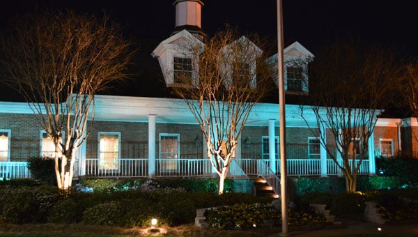 Blue spotlights at Pelham City Hall show support for National Child Abuse Prevention and Awareness month. (Reporter photo/Jessa Pease) 