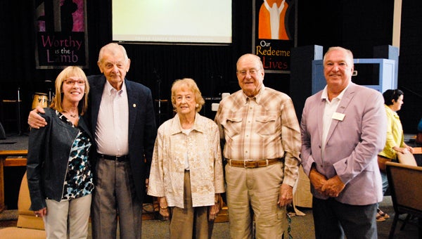 The 2016 Columbiana Mayor's Breakfast for the Shelby District of Boy Scouts of America highlighted current and former Scouts and their accomplishments, and served as a fundraiser for the program. Pictured, from left, guest speaker Maj. Gen. (Ret.) Lee Price, honoree Jim Marshall; Anne Davis, wife of the late Jimmy Davis, another honoree; honoree Neal Farmer; and Columbiana Mayor Stancil Handley. (Reporter Photo/Emily Sparacino)