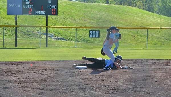 Helena’s Mackenzie Wilson slides into second base in the top of the first inning in an area game against Calera on April 12. (Reporter Photo/Graham Brooks)