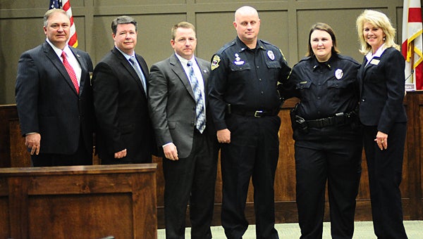 From left, Alabaster Police Chief Curtis Rigney, Deputy Chief Jeff Anthony, Lt. Grant Humphries, Lt. Daniel Goodwin, Lt. Susan Peavy and Alabaster Mayor Marty Handlon during an April 11 police promotion ceremony at City Hall. (Reporter Photo/Neal Wagner) 