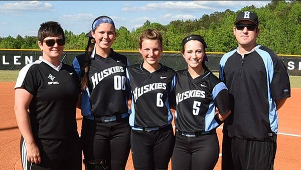 Helena Lady Huskies softball seniors Reagan Curtis (00), Avery Mann (6) and Jordan Ingram (5) were honored on senior day on Monday, April 25. Helena beat Hueytown 3-2 on a walk-off double by Curtis. (Contributed)