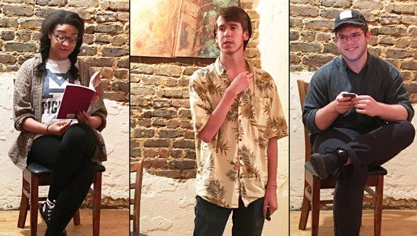 Students of Jennifer Culver shared their personal writings and those published in the 2016 Literary magazine, Subterranean, during their presentations on April 28 at the Coal Yard. Pictured are Jasmine Morgan, Houston Byrd and Drake Bessant. (Contributed)