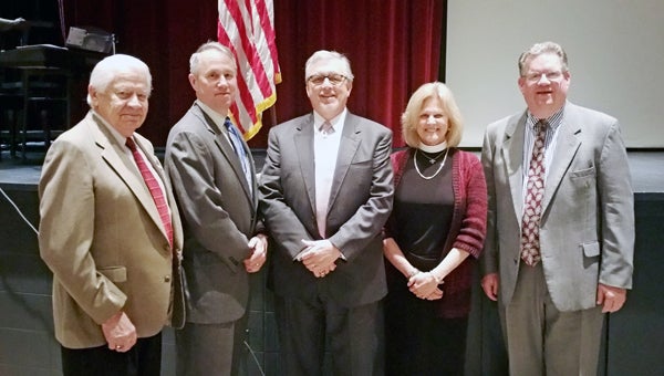 Pictured, from left, Clem Muck, Bishop Nathan Thompson, Pastor Buster Timmons, Rev. Judy Quick and Minister of Music Charles Powell spoke at the Patriotic Devotional at Thompson High School on April 19. (Contributed)