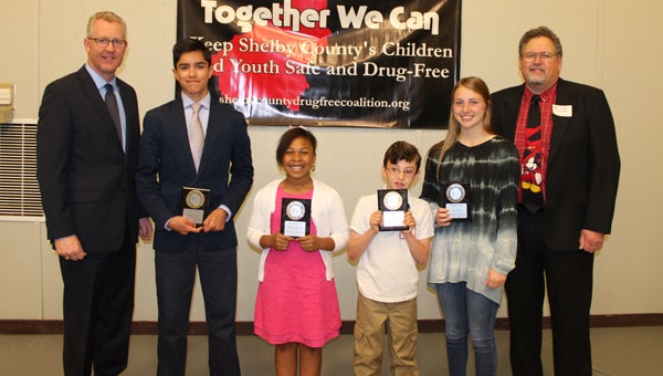 Superintendent Dr. Scott Coefield with the winners of Pelham’s Character in Action Awards— Dominic Fanella, Katlyn Hollingsworth, Lucas Kalba and Grace Nolen— and Judge Jim Kramer. (Contributed) 