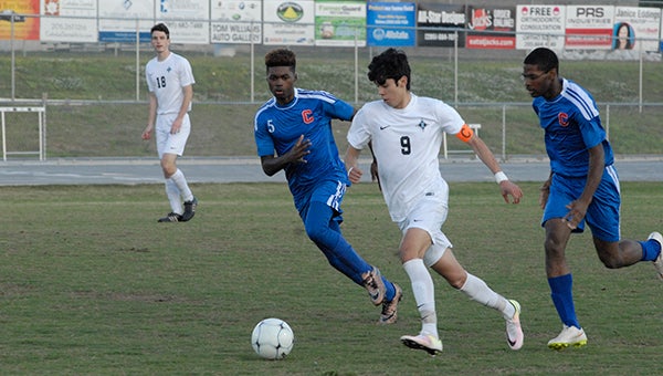 Yeltsin Canales (9) accounted for one of Helena’s 10 goals in the Huskies 10-0 win over Carver in the second round of the AHSAA 4A-5A playoffs. (Reporter Photo/Graham Brooks)