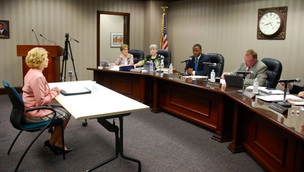 The Hoover Board of Education interviews Tina Hancock for the city school system’s chief school financial officer position during a May 9 meeting. (Reporter Photo/Molly Davidson)