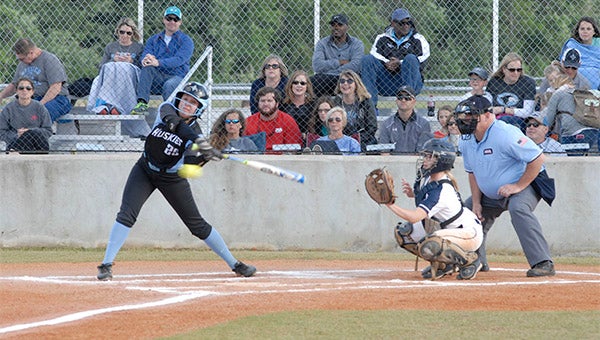 Helena’s Katie Lively (25) swings at a pitch in the Class 5A Area 7 championship game on May 12. (Reporter Photo/Graham Brooks)