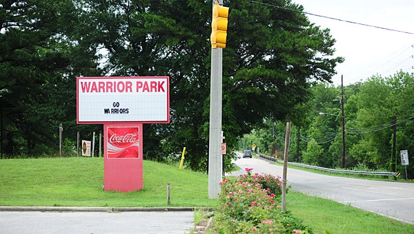 Alabaster is considering realigning the entrance to Warrior Park with the intersection of Thompson Road and Warrior Drive, pictured. (Reporter Photo/Neal Wagner)