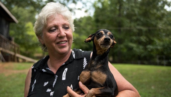 2nd Chance Animal Sanctuary owner Sandra Shaffer holds Jada, a black and brown Min Pin that is one of more than 40 dogs currently living at the sanctuary. (Reporter Photo/Keith McCoy)