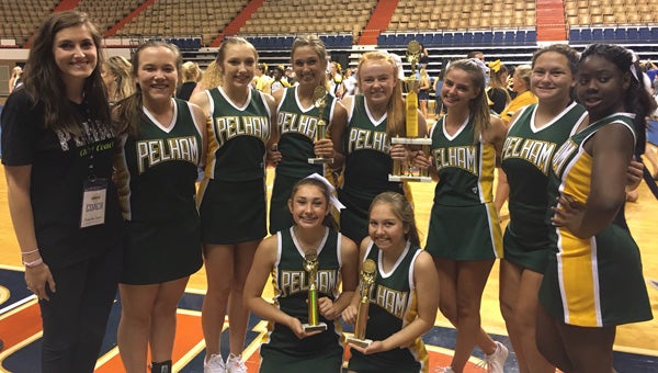 Pelham’s varsity and junior varsity cheerleaders earned six trophies at cheer camp June 1-4, including first place in extreme dance competition. (Contributed) 