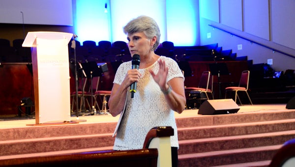 Hoover City Schools Superintendent Dr. Kathy Murphy speaks to those in attendance at the Superintendent's Advisory Council kickoff meeting June 28 at Metropolitan Church of God in Hoover. (Reporter Photo/Emily Sparacino)
