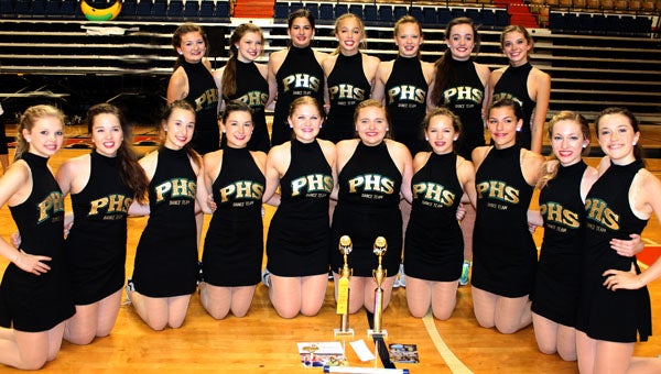 Pelham High School Pantherettes pose for team photos with their trophies to send to their sponsor Katherine Phillips. (CONTRIBUTED.)
