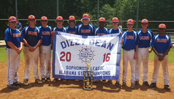 From left, Tanner Jones, Mason Blankenship, Cody Posey, Chase Jones, Graham Blankenship, Trent Jones, Brian Fuller, Carson Monroe, Jaxon Butterworth, Ethan Carter and Malik Inabinette pose for a picture after wining the 2016 U14 Dizzy Dean Alabama State Championship. (Contributed")