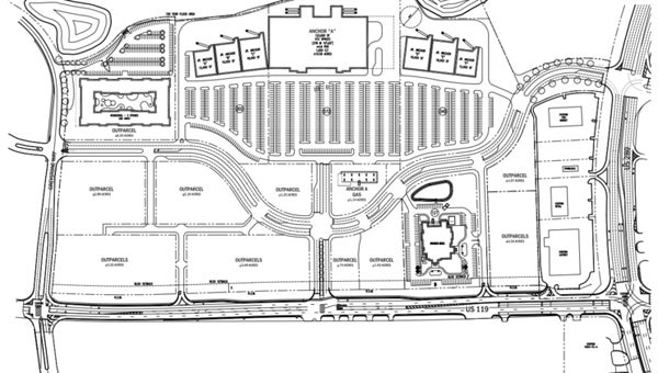 A site development plan for Tattersall Park, which would be located at the corner of U.S. 280 and Alabama 119, found at RBYRetail.com includes several commercial sites, a school and several outparcel lots.