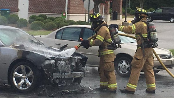 The Alabaster Fire Department responds to a car fire at the Alabaster Colonial Promenade. (Contributed) 