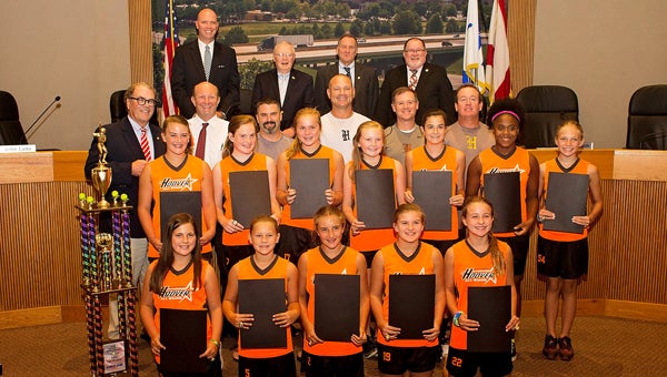The Hoover Strykers 12-and-under all-star softball team was recognized at the Hoover City Council meeting Aug. 1. (Photo by Lance Shores/City of Hoover)