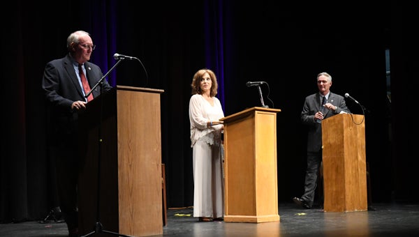 Chelsea Mayoral Candidates Dale Neuendorf, Alison Nichols and Tony Picklesimer addressed residents of Chelsea at a public forum on Thursday, Aug. 11, at Chelsea High School. (Reporter photo/Alec Etheredge)