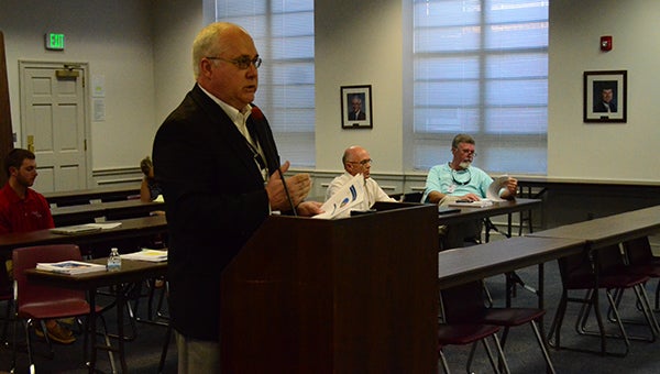 Assistant Superintendent of Finance for Shelby County Schools Gary McCombs addresses board members during a budget hearing on Thursday, Aug. 25. (Reporter Photo/Graham Brooks)