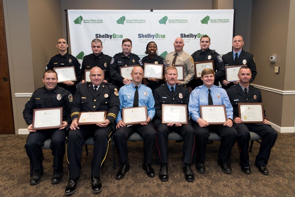 Back row from left: Police officers of the year Charles Hudson of the City of Helena, Chris Cannon of the City of Calera, Cleon Williams of the City of Harpersville, Sasha Lilly of the City of Columbiana, Terry Gowers of the Shelby County Sheriff's Office, Jacob Strawn of the City of Montevallo, Carl Perkinson of the City of Pelham. Front row from left: Police officer of the year Chris Cannon of the City of Alabaster, Firefighters of the year Ryan Tallie of the City of Calera, Bill Mayfield of the City of Helena, Buddy Ingleright of the City of Pelham, Taylor Gunnels of the City of Chelsea, Robert Crawford of the City of Alabaster.