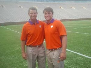 Joe Craddock, now the offensive coordinator at SMU, is pictured with Swinney when he was an assistant with the Tigers. (Contributed)